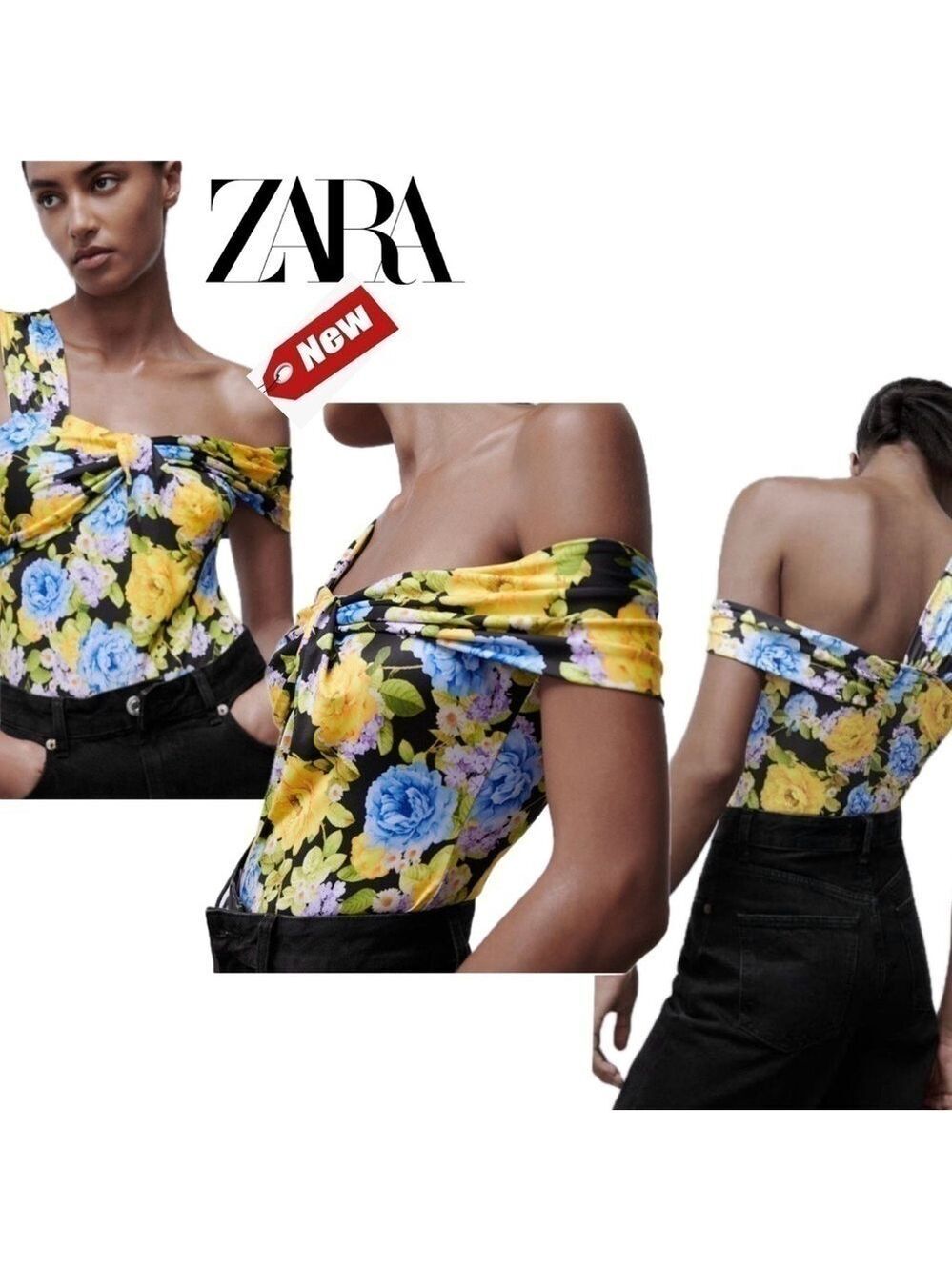 Zara yellow blue asymmetrical front knot ruched floral flower tropical bodysuit